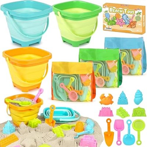Dreamon Beach Toys for Kids 3-10, Collapsible Sand Toys Include 3 Pack Foldable Buckets with Mesh Bag, 24 PCS Beach Mold and Shovels Molds, Travel Sandbox Beach Toys for Toddler