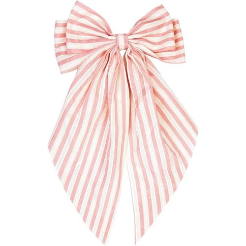 Large Satin Hair Bows for Women 1Pack – Oversized Long Tail Bow Hair Clips, Elegant Hair Accessories Bow Barrettes, Great Gift for Girls (Striped Pink/White)