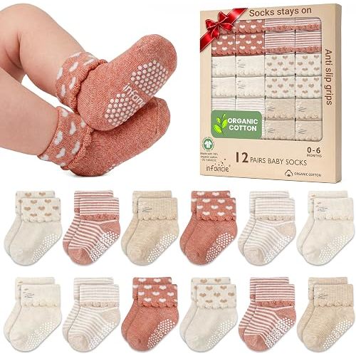 GOTS Organic Cotton Blend 12 Infant Socks 0-6 M Boys Non Slip Shower Gift