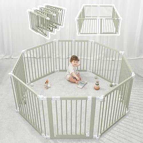 Comfy Cubs Baby Gate Playpen - 57 x 57 x 25 in, Extends Up to 228” - Pine Wood Foldable Playpen with Child-Proof Lock - Easy Assembly Baby Fence Play Area for Babies & Toddlers - Sage