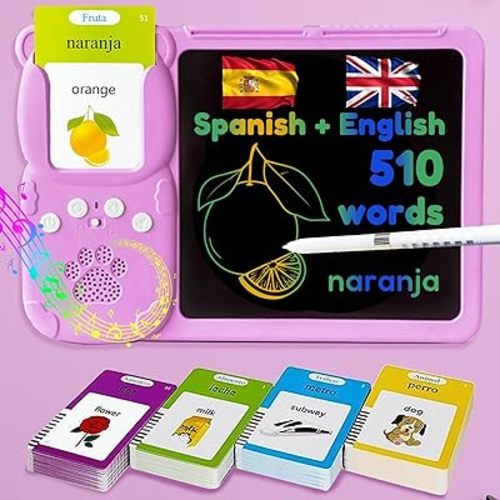Drawing Tablet with Bilingual Flashcards for Kids - Spanish English Talking Flash Cards, LCD Writing Pad Board, Pocket Speech for Toddlers, Learning Toy Gift for Boys Girls (Spanish, Pink)