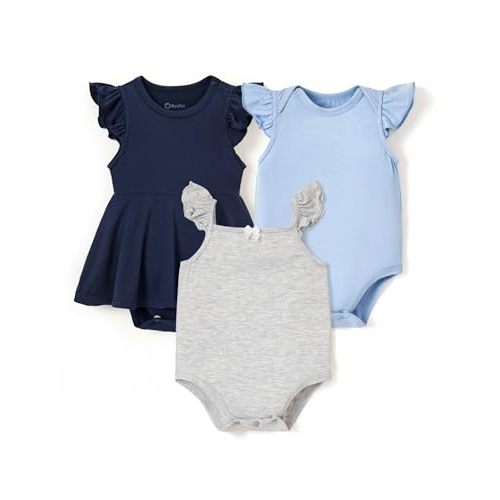 PATPAT Baby Girl Bodysuits - Soft Bamboo Viscose - Flutter Sleeves Cute Dress - Newborn Infant Summer Clothes - 3 Pack