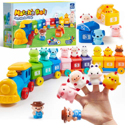 Joyfy Montessori Learning Toy Train for Toddlers 1 2 3 Years Old with Farm Animals Sorting & Finger Puppets