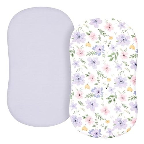 TILLYOU Baby Bassinet Sheets for Girls Boys, Fit for Hourglass Oval Rectangle Bassinet Mattress Sheets, 33”X16”, 2 Pack Brilliant Little Flowers and Purple