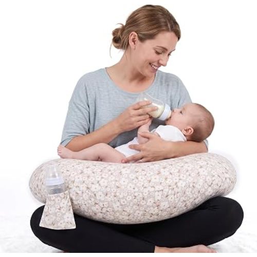 Ultra Wide Nursing Pillow, C-Shape Breastfeeding Pillow with Adjustable Waist Strap, Plus Size Breast Feeding Pillow with Side Pocket, Portable Support Pillow for Newborn Mom- Daisy White