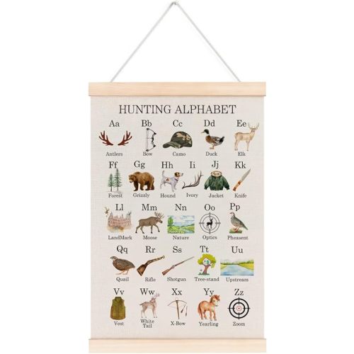laveliabel Hunting Alphabet Nursery Poster Hanger Frame, Kids Room Wall Decor, Hunting Nursery Banner Poster with Wood Hanger, West Alphabet ABC Wall Art Decor for Toddler Playroom Classroom, 12x16in