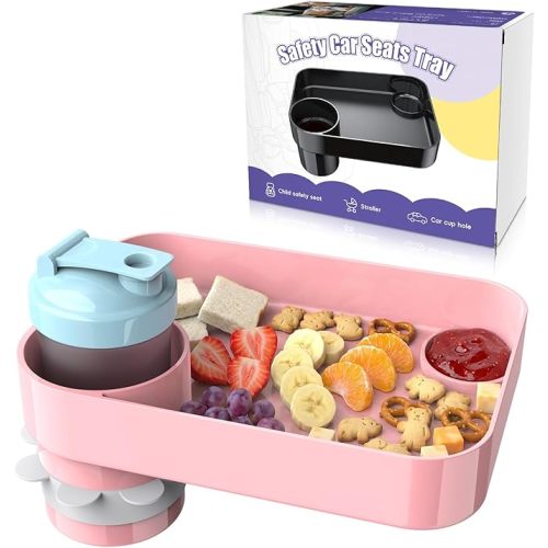 Car Seat Snack Tray for Kids, Mess-Free Square Travel Tray Cup Holder Snack Tray, Durable Car Food Tray for Toddlers, Universal Fit Kids Travel Road Trip Essentials (Black)