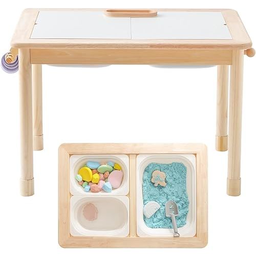 Rubber Wood Montessori Sensory Table - 3 Foldable Storage Bins, Reinforced Frame, Height Adjustable Children's Table - Multifunctional Kids Activity Table Promotes Sensory Experiences & Growth