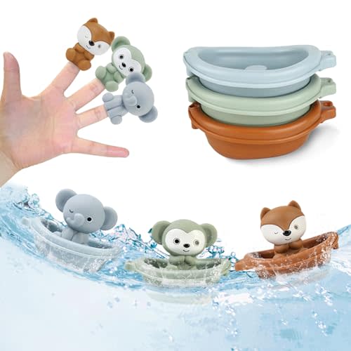 Auvitaya Baby Bath Toy Stackable Infant Bathtub Toys Stacking Floating Boat Train with Animal Finger Puppets Bath Toy Silicone Hand Puppet Educational Beach Toys for Babies Toddlers Party Favors