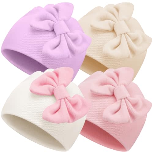 Cuffbow 4 Pcs Preemie Hats Newborn Infant Baby Bow Cap Warm Cotton Hospital Premature Baby Beanie for Baby Boy Girl