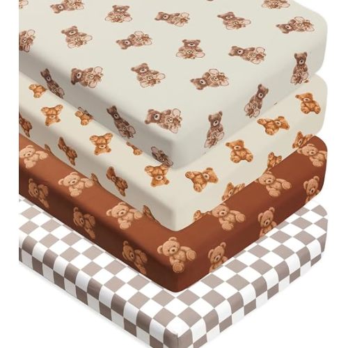 4 Pack Bear Baby Sheets Neutral Unisex Fitted Checked Nursery Baby Sheet Set Toddler Mattress Sheets for Boys or Girls (Crib Sheets)