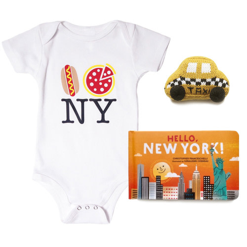 Baby Gift Set: Pizza NY Onesie, Taxi Rattle, Hello New York - Lucky Wang nyc