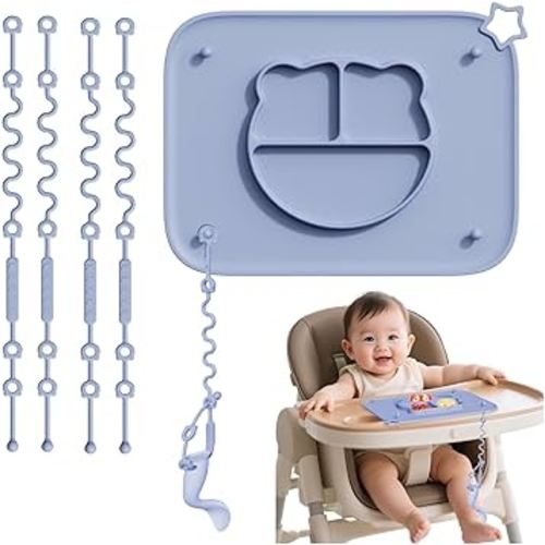 1 Pack Silicone Mat for Babies, Baby Placemat Built-in Suction Base and Equipped 4 Toy Straps & Anti-Peel Design, Activity Mat for Infants to Toddlers, Keeps Babies Essentials Off The Floor, Blue