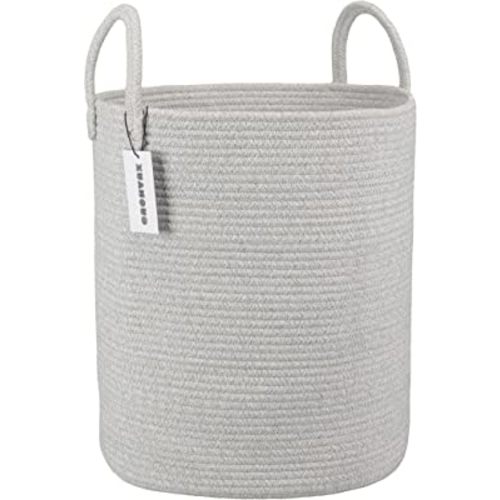 Cotton Rope Laundry Basket Hamper for Clothes Woven Storage Basket for Living Room Bedroom Boho Tall Rope Baskets for Blanket Toys Pillow Towels Baby Nursery Hamper Bin Large light grey