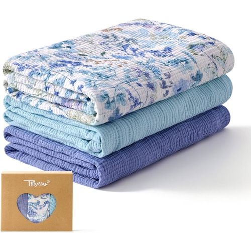TILLYOU 3 Pack Muslin Swaddles for Newborns Baby Blankets for Girls Boys Cotton Swaddle Blankets 40"X40", Blue Flower