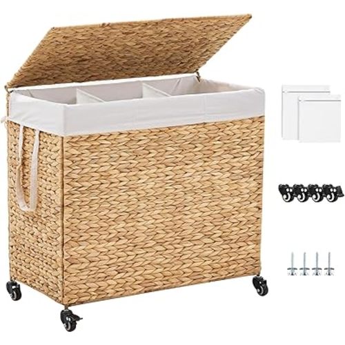 3-Section Laundry Hamper with Lid, Large Capacity Woven Natural Water Hyacinth Laundry Sorter with Removable Liners, Rolling or Non-Slip Design for Bedroom (Natural, 155L)