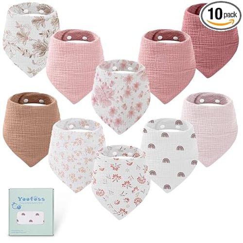 Yoofoss Muslin Baby Bibs 10 Pack 100% Organic Cotton 6-Layer Soft Absorbent Drool Bandana Baby Bibs for Drooling and Teething for Boys and Girls, Pink Flower