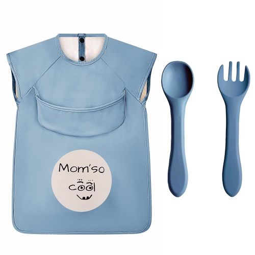 Momsocool Unisex Baby Blue Bib | 3-in-1 Set for 6-month + Old Babies - Waterproof & Lightweight | Easy to Wash & Clean | Multi-purpose Baby Feeding with Fork + Spoon (All-in-one)