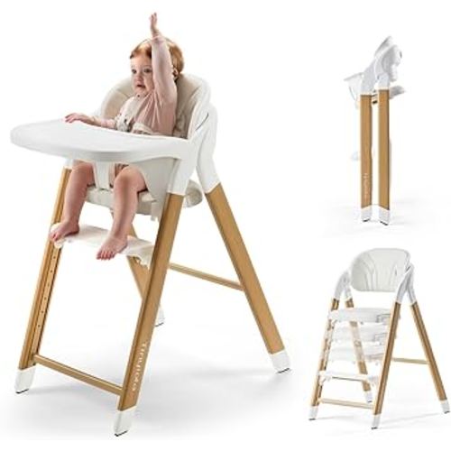 Tinyiota High Chair for Babies and Toddlers, Foldable & 8-Level Adjustable, One-Handed Removable Tray, Ergonomic Baby Highchair Convertible into Desk Chair for Toddler to Adult (Wood Color)