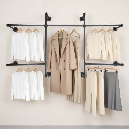 BEAMNOVA Industrial Pipe Clothes Rack, Wall Mounted Heavy Duty Iron Clothing Hanging Garment Rods Wardrobe Rack, Black