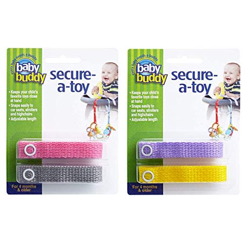 Baby Buddy Secure-A-Toy, Safety Strap Secures Toys, Teether, Pacifiers to Strollers, Highchairs, Car Seats, Adjustable, Keep Toys Sanitary, Registry Must Haves, Girls Colors (Colors May Vary), 4 Count