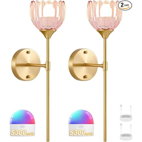 Vintage Battery Operated Wall Sconce Set of 2, Pink Tulip Glass Lampshade Wireless 5300 mAh Rechargeable Battery Powered LED Wall Light with Remote Dimmable for Bedroom Bathroom Living Room