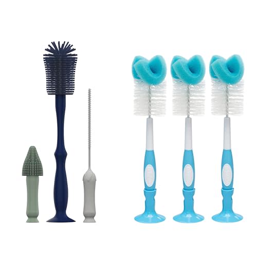 Dr. Brown's Silicone Cleaning Brush Set with Bottle, Spout, and Straw Brush, 3-Pack + Baby Bottle Sponge Brush, Blue, 3-Pack
