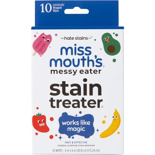 Miss Mouth's Messy Eater Stain Treater Wipes - 10 Pack Stain Remover Wipes- Newborn & Baby Essentials - No Dry Cleaning Food, Grease, Coffee Off Laundry, Fabric