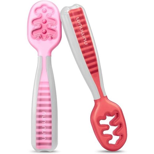 NumNum Baby Spoons Set, Baby Essentials Pre-Spoon GOOtensils for 6+ Months, First Stage Self-Feeding Spoons for Baby Led Weaning (BLW), Silicone Toddler Utensils, BPA-Free, 2 Pack Red/Pink