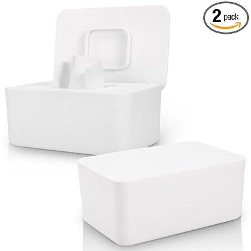 2 Pack LEQXGO Baby Wipes Dispenser, Wipes Dispenser Baby Wipes Case, Baby Wipe Holder for Fresh Wipes, Non-Slip Wipes Case, Wipe Container with Sealing Design Lid (White and White)