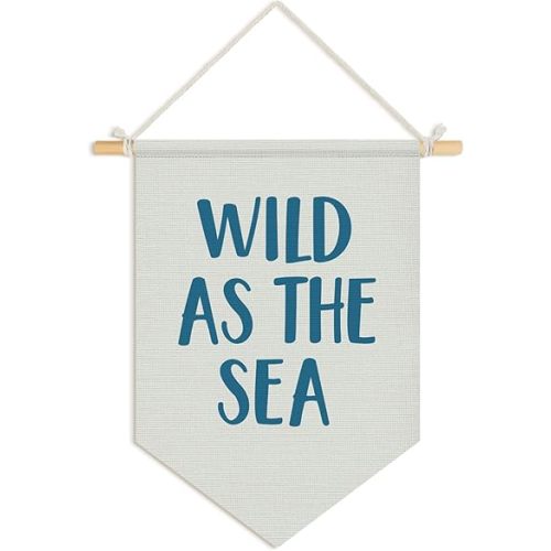 Wheatwin Ocean Nursery Decor, Wild As the Sea Blue Wall Hanging Pennant Flag Banner, Coastal Beach Wall Decor for Kids Boys Girls Toddler Nursery Room Bedroom Playroom 15x11 Inch