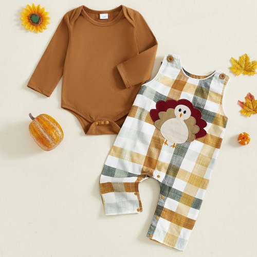 Baby Fall Clothing Sets Fashionable Long Sleeve Romper with Thanksgiving Turkey Overalls 2pcs Outfits, for Outdoor