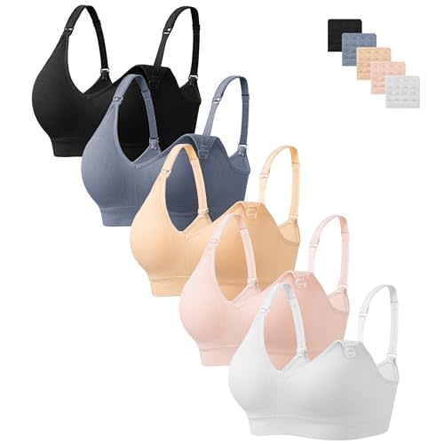 HBselect Nursing Bras for Breastfeeding 5Pack Women Maternity Bras | V Neck Nursing Bras S-3XL, Comfort Maternity Bra, Seamless Wireless Pregnancy Postpartum Sleep Bralette with Bra Extenders