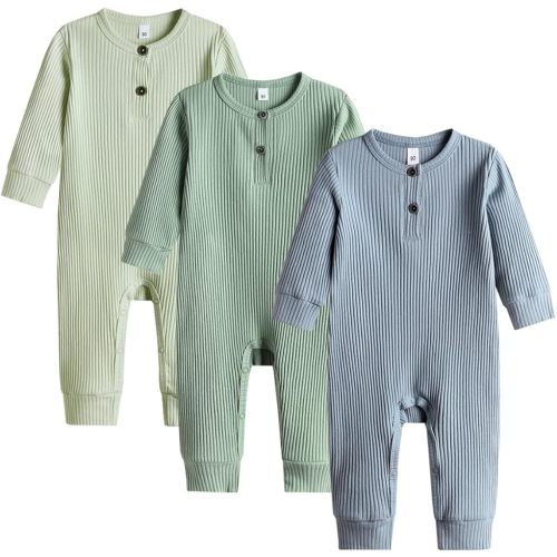 Bafeicao Baby Boy Girl 3 Pack Solid Romper Ribbed Long Sleeve,3-6M