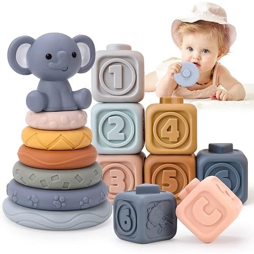 KaeKid Montessori Toys for Babies,13 PCS Baby Soft Building Blocks Toys, Newborn Baby Sensory Toy for Early Development, Gifts for 0-3-6-12 Months Old Infant Baby Boy Girl (Elephant)
