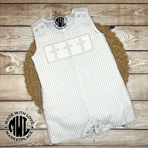 Boys Seersucker Cross Jon Jon: Infant Baptism Outfit