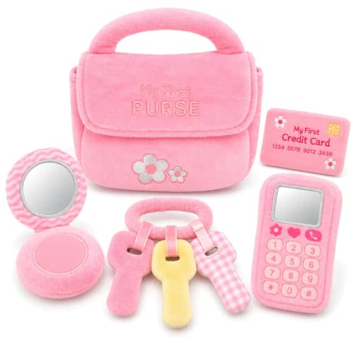 My First Baby Purse, 5-Piece Sensory Plush Toy, 1 Year Old Girl Gifts | Mirror Play, Squeak, Jingle and Crinkle Sounds, Sensory Discovery Play, Fine Motor Skills, First Birthday Gifts for Girls