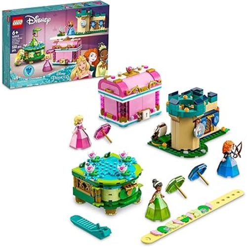 LEGO Disney Princess Aurora, Merida & Tiana’s Enchanted Creations 43203 Diamond Dress Set with 2 Buildable Jewelry Boxes, Pencil Holder, DOTS Bracelet and Mini-Dolls