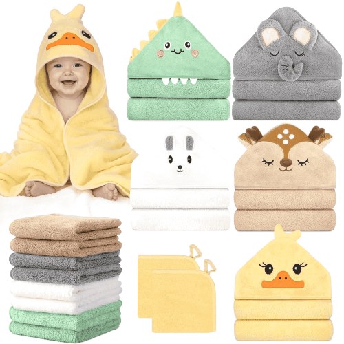 15 Pcs Baby Bath Towels Set for Infants Toddlers, 5P Animal Hooded Baby Towels & 10P Washcloths Set, Ultra Absorbent Cute Soft Newborn Bath Essentials Gifts for Boys & Girls