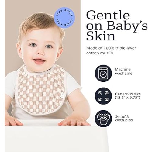 Itzy Ritzy Set of 3 Baby Bibs - Ultra-Soft Adjustable Infant & Toddler Bibs Made of Triple-Layer Cotton Muslin, Ideal for Drooling, Teething, & Eating -3 Stylish, Coordinating Prints (Checkerboard)