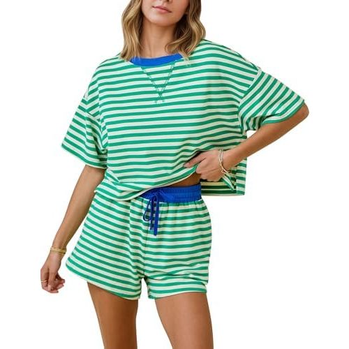 MISSACTIVER Womens Lounge 2 Piece Sets Summer Striped Matching Pajamas Set Short Sleeve Oversized T Shirts Drawstring Shorts