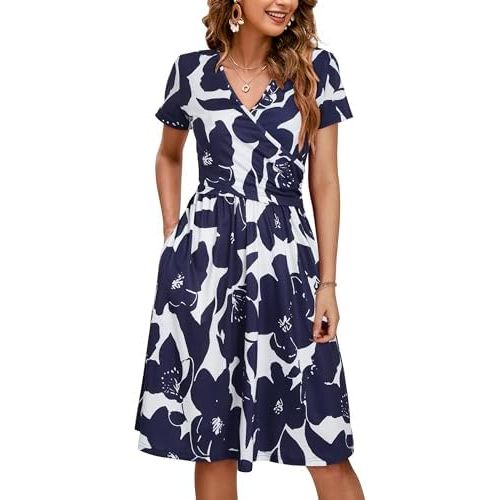 OUGES Maternity Nursing Dress Breastfeeding Short Sleeve V Neck Casual Pregnancy Clothes with Pockets
