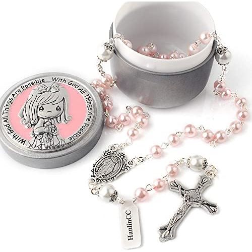 HanlinCC 6mm Glass Pearl Beads First Communion Rosary Necklace with Silver Zinc Alloy Rosary Box