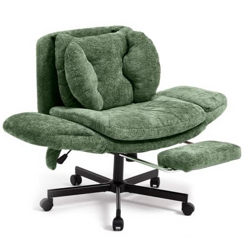 Criss Cross Office Chair with Footrest and 5-Gear Adjustable Arms, Green | Wide seat cross-legged desk chair, flip lumbar pillow, airbag support, chenille fabric, for home office vanity and meditation