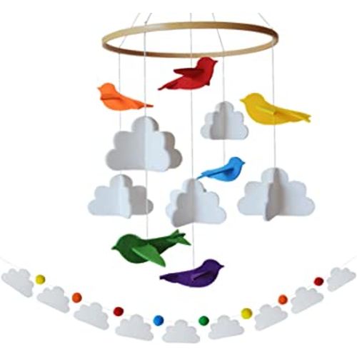 Baby Crib Mobile – Wooden Hanging Nursery Baby Mobile for Crib, Nursery Decor for Boys & Girls, Perfect Shower Gift (Rainbow Birds in The Clouds, w/Garland) Also Fits Bassinets, Sorrel + Fern