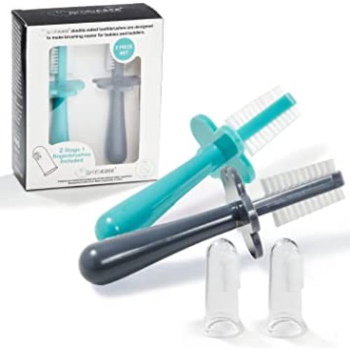 grabease Double-Sided Toothbrush for Ages 6 Months to 4 Years, Soft Bristles & Choke Protection Shield, BPA-Free, 2 Pack, Teal and Gray