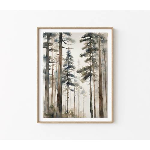 Pine Tree Painting Rustic Pine Forest Watercolor Art Print Misty Forest Wall Art Neutral Landscape Evergreen Forest Artwork