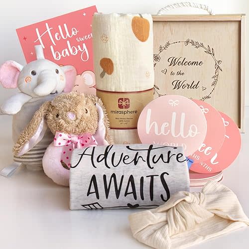 New Born Baby Girls Gift - Baby Shower Gifts for Girls - Baby Girl Gift Basket Newborn Baby Girl Gift Set Gender Reveal Ideas Welcome Baby Girl
