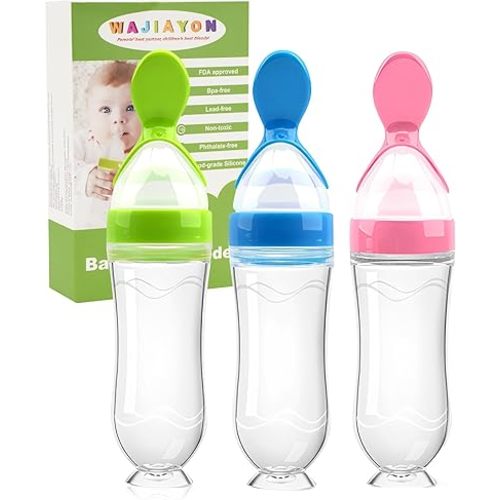 WAJIAYON Baby Food Feeder 3 Pack Silicone Baby Food Dispensing Spoon with Standing Base for Infant- 3 oz Squeeze Feeding Spoons with Suction Cup for Boys Girl Kids Toddlers - Self Feeding Bottle Spoon