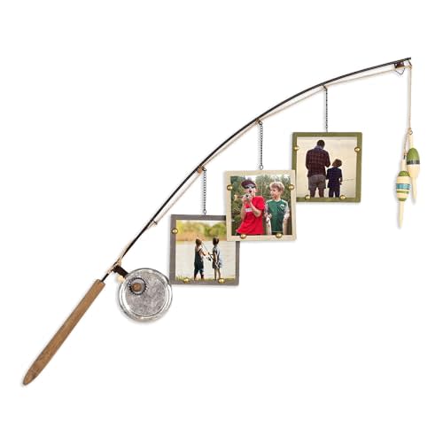 Young's Inc Wood Fishing Pole Triple Photo Frame – Rustic Lake House Wall Fish Decor with Hanging 4x4 Frames, Lodge & Woodland Cabin Accent for Fishermen, Outdoor Enthusiasts, and Family Memories